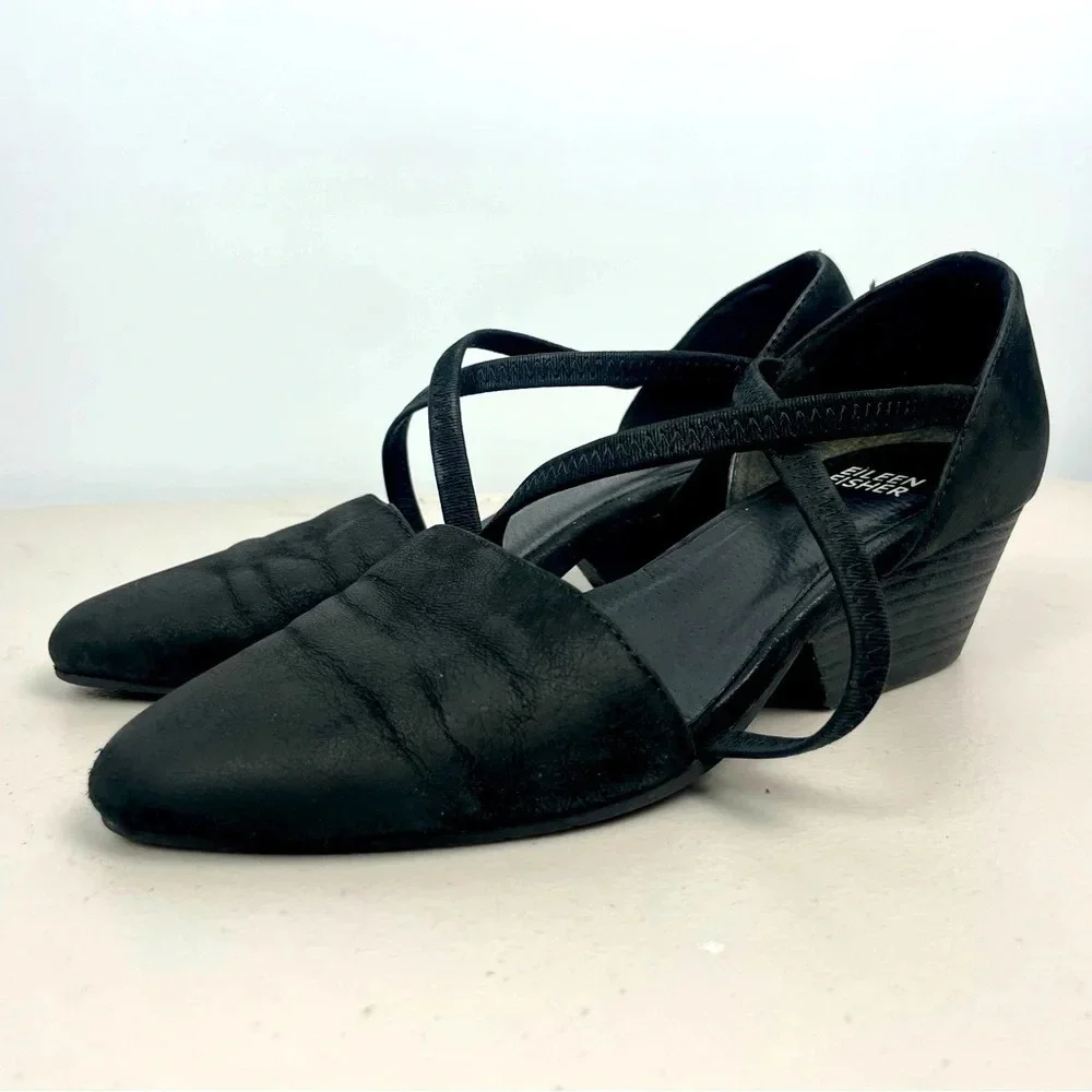 Eileen Fisher Black Poet Crisscross Strap Pointed Toe‎ Stacked Heel